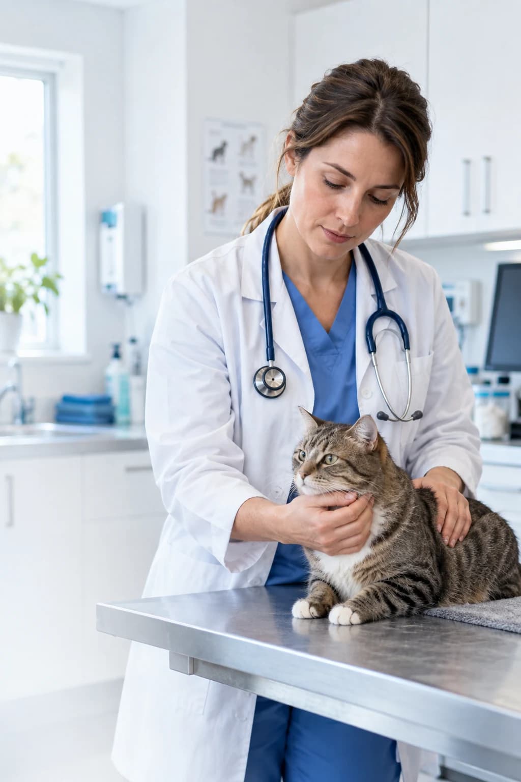 Veterinarian examining a cat during a consultation in a modern clinic